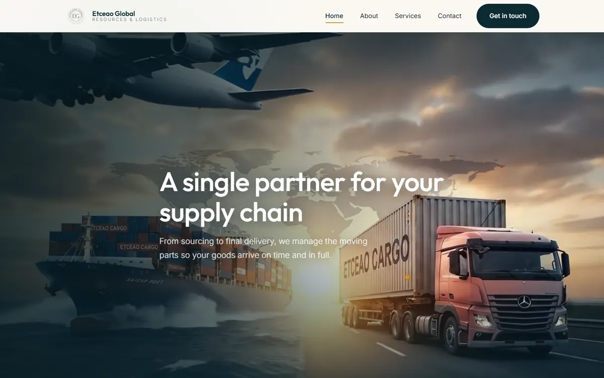 Etceao Global homepage: a cargo ship, truck and plane under the headline 'A single partner for your supply chain'